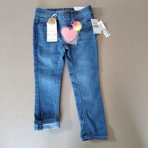 Girls Pull-On Waistband Skinny Jeans Size 4 Convertible Roll Cuff Blue V Gold